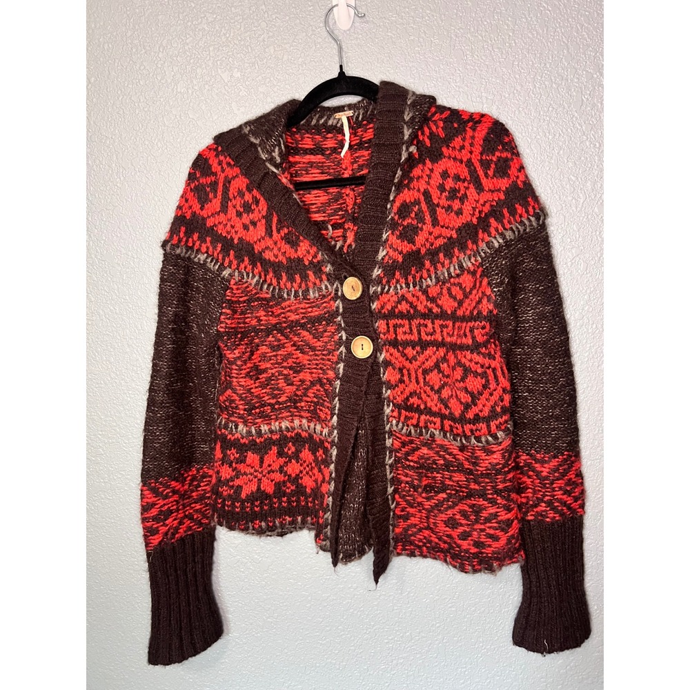 Free People Hooded Cardigan Sweater Brown Red Fair Isle Knit Boho Button Front M